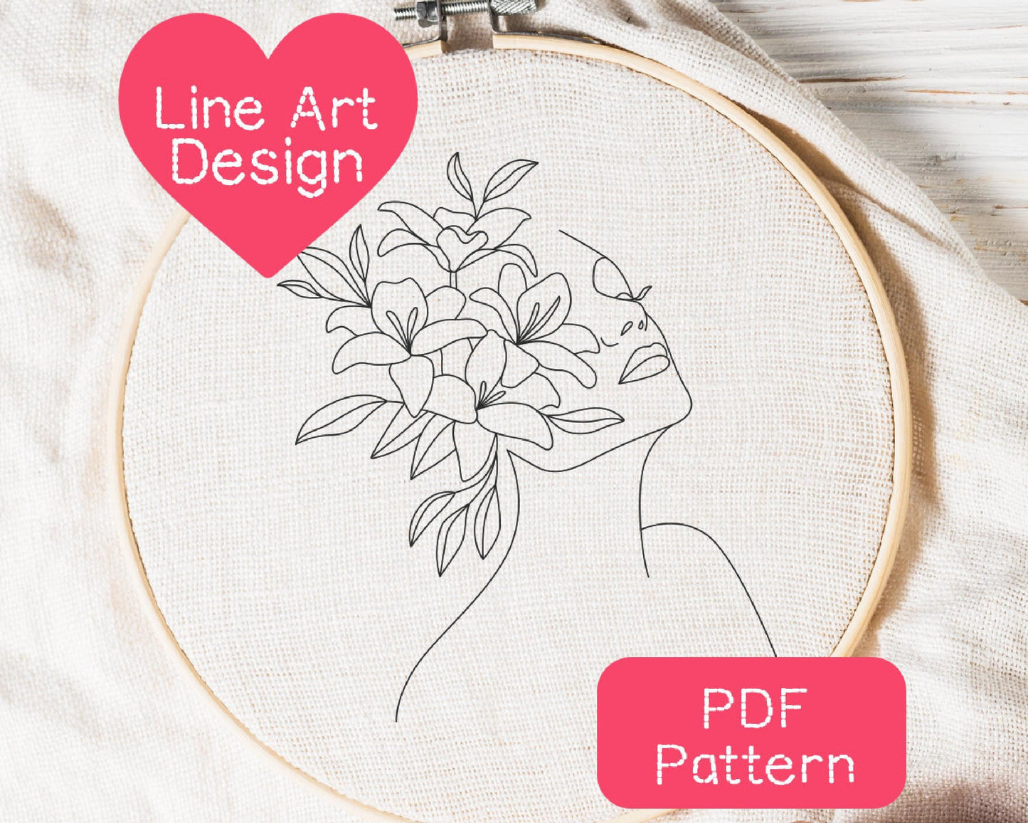 Floral Woman Line Art Embroidery Pattern