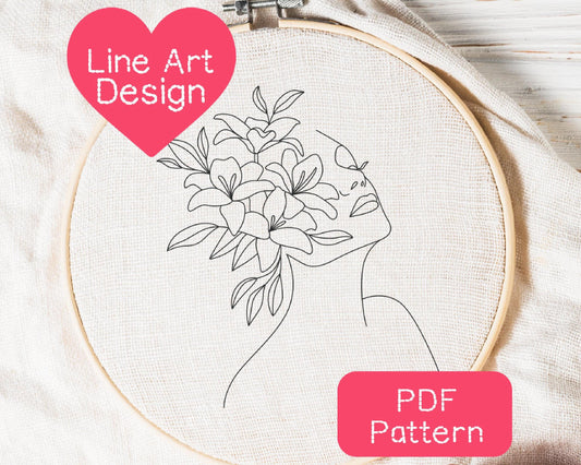 Floral Woman Line Art Embroidery Pattern