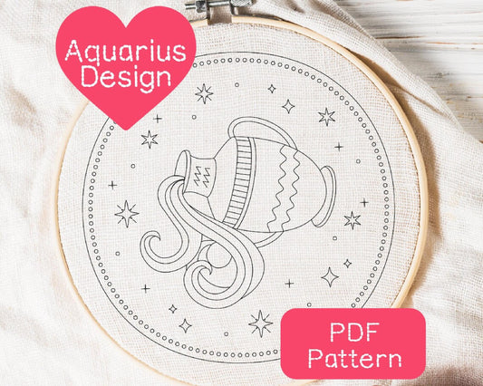 Aquarius Zodiac Embroidery Pattern: Beginner DIY Hand Embroidery (PDF Download, 3-8" Hoop Sizes)