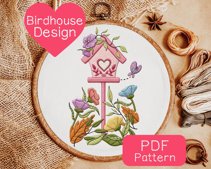 Floral Bird House Embroidery Pattern (3-8" Hoop Size)