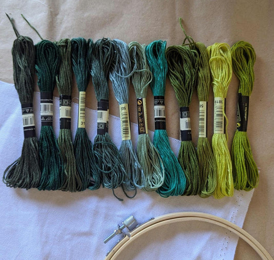 Green Embroidery Floss Set: 12 Skeins, Nature Palette, Embroidery Accessories