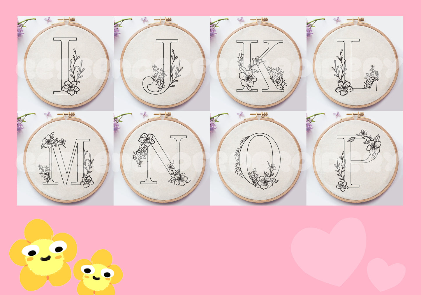 Floral Alphabet Hand Embroidery Printed Fabric Panel