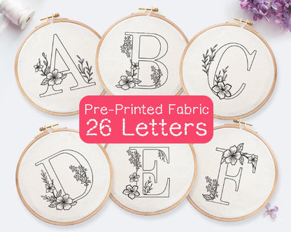 Floral Alphabet Hand Embroidery Printed Fabric Panel