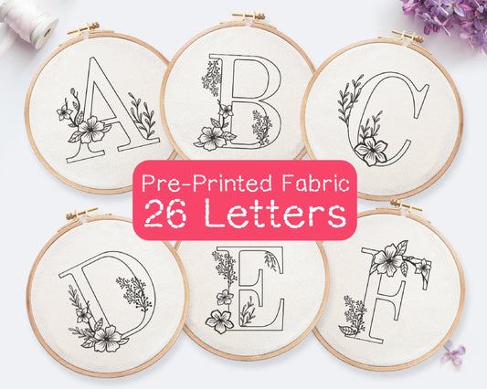 Floral Alphabet Hand Embroidery Printed Fabric Panel