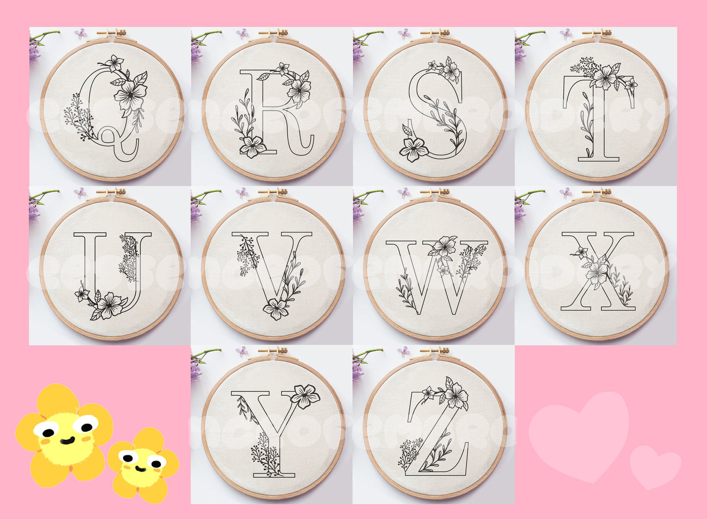 Floral Alphabet Hand Embroidery Printed Fabric Panel