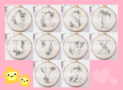 Floral Alphabet Hand Embroidery Printed Fabric Panel