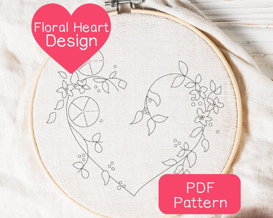 Floral Heart Embroidery Pattern: Beginner DIY Hand Stitch (PDF Download, 3-8" Hoop Size)