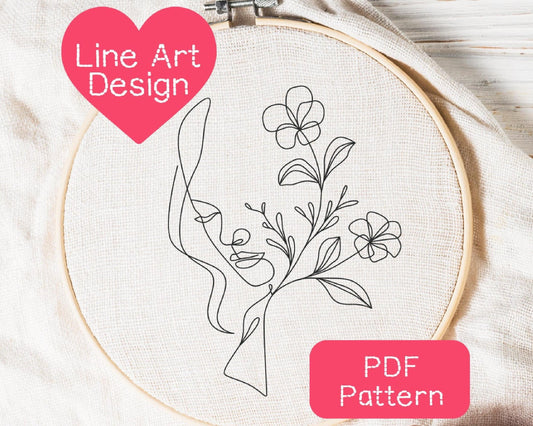 Floral Woman Line Art Embroidery Pattern