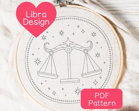 Libra Zodiac Embroidery Pattern: Celestial DIY (PDF Download, 3-8" Hoop Size)
