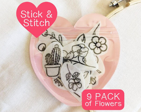 Floral Stick and Stitch Embroidery Stickers: DIY Beginner Designs (9pcs Washaway Paper Transfer)