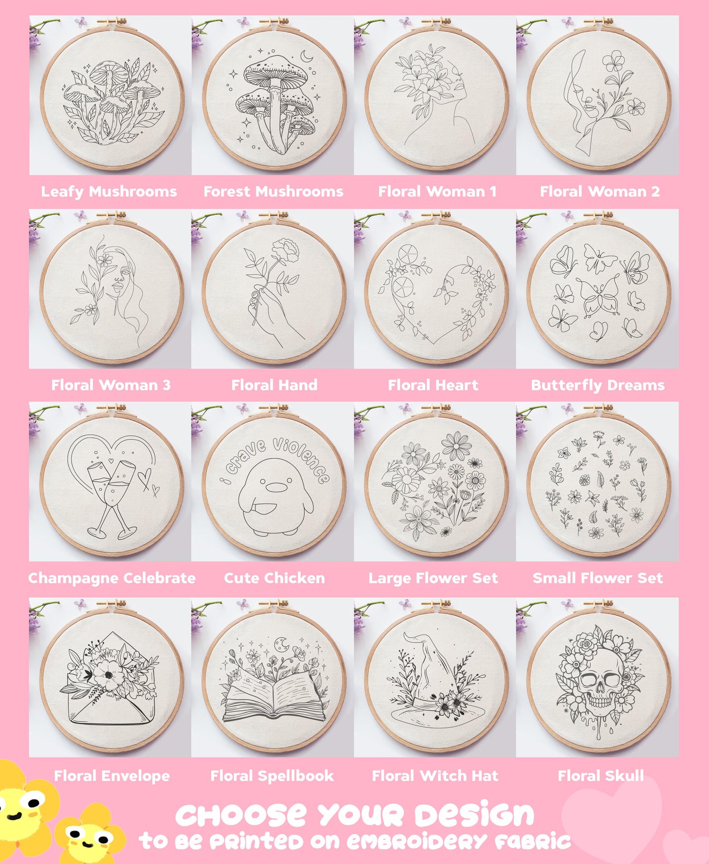 Pre-Printed Embroidery Fabric Panel: Beginner Hand Embroidery Design (PDF Pattern Included)