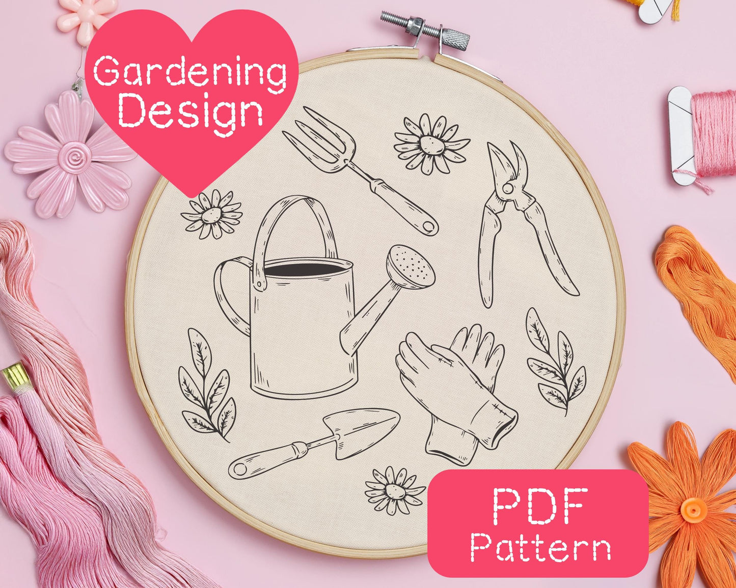 Spring Garden Tools Embroidery Pattern