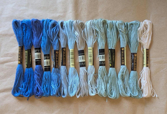 Ocean Blue Embroidery Floss Set: 14 Skeins Polyester Thread, Blue Color Palette