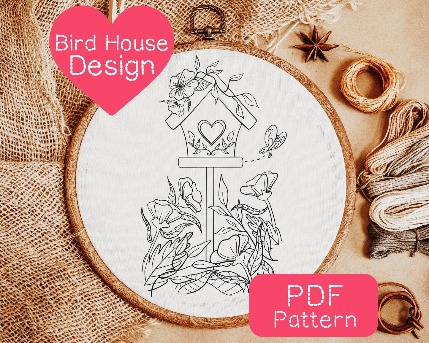 Floral Bird House Embroidery Pattern (3-8" Hoop Size)
