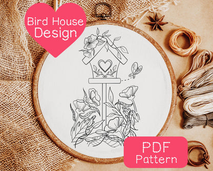 Floral Bird House Embroidery Pattern (3-8" Hoop Size)