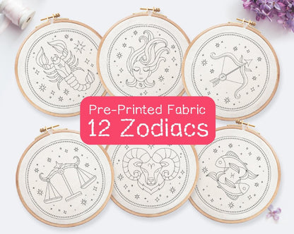 Astrological Zodiac Hand Embroidery Printed Fabric Panel