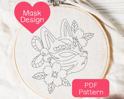 Japanese Kitsune Mask Embroidery Pattern