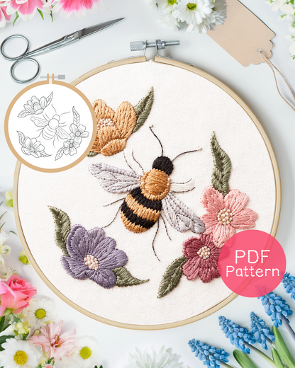 Stickmuster Biene und Blumen