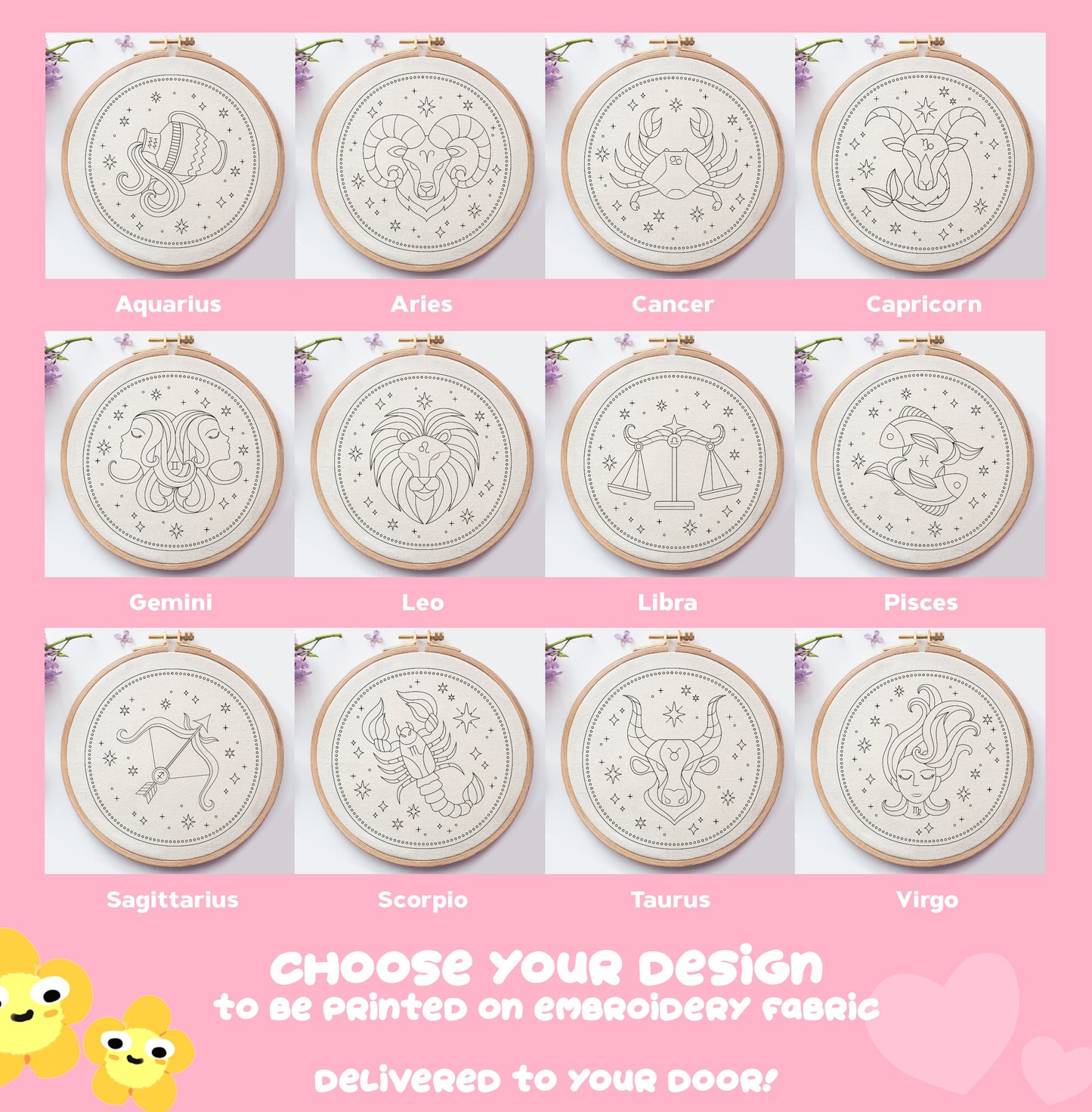 Astrological Zodiac Hand Embroidery Printed Fabric Panel