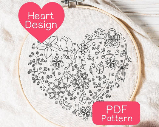 Floral Heart Embroidery Pattern: Beginner DIY Hand Embroidery (PDF Download, 3-8" Hoop Size)
