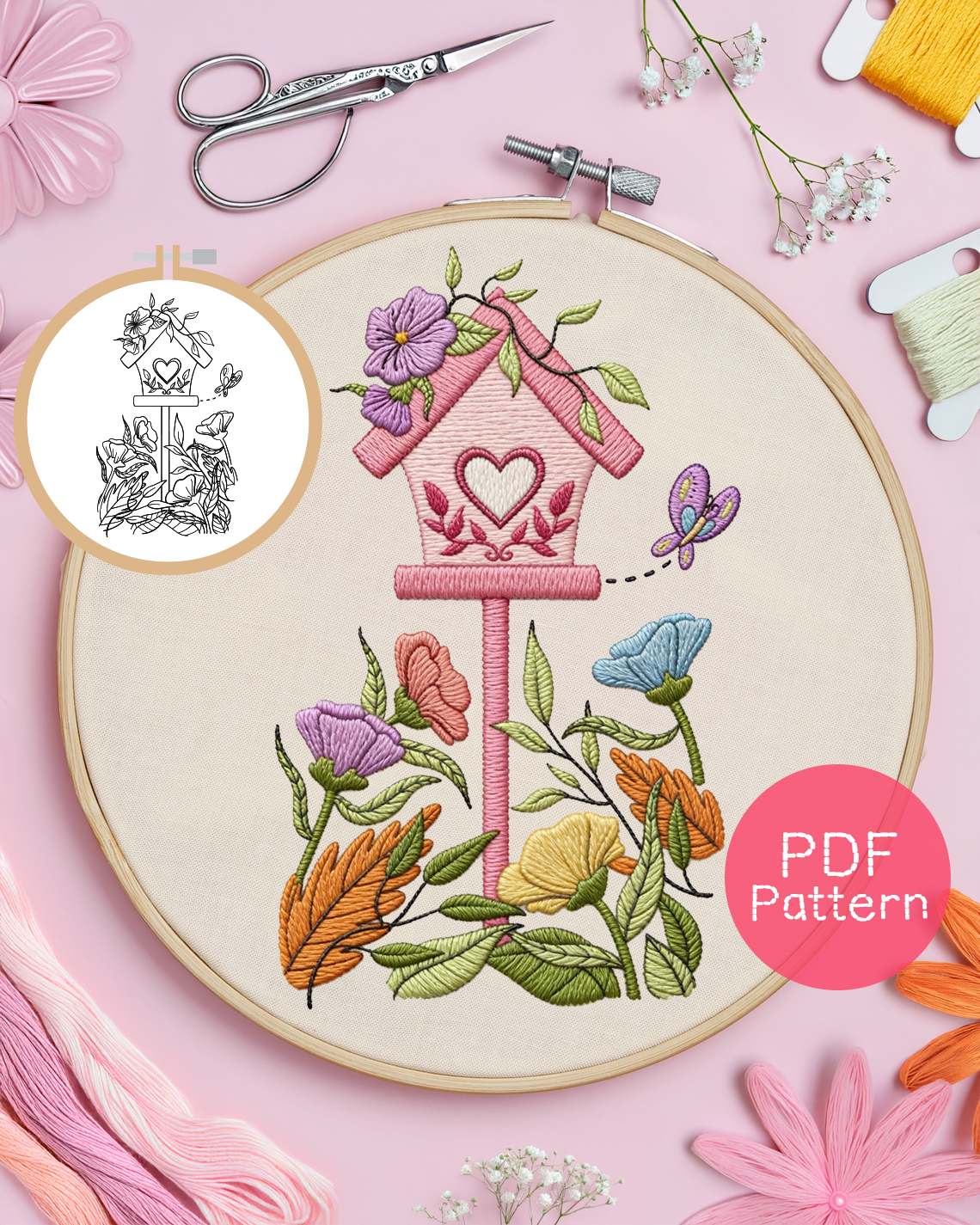 Floral Bird House Embroidery Pattern