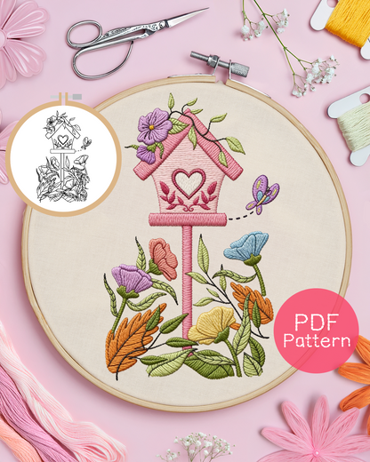 Floral Bird House Embroidery Pattern