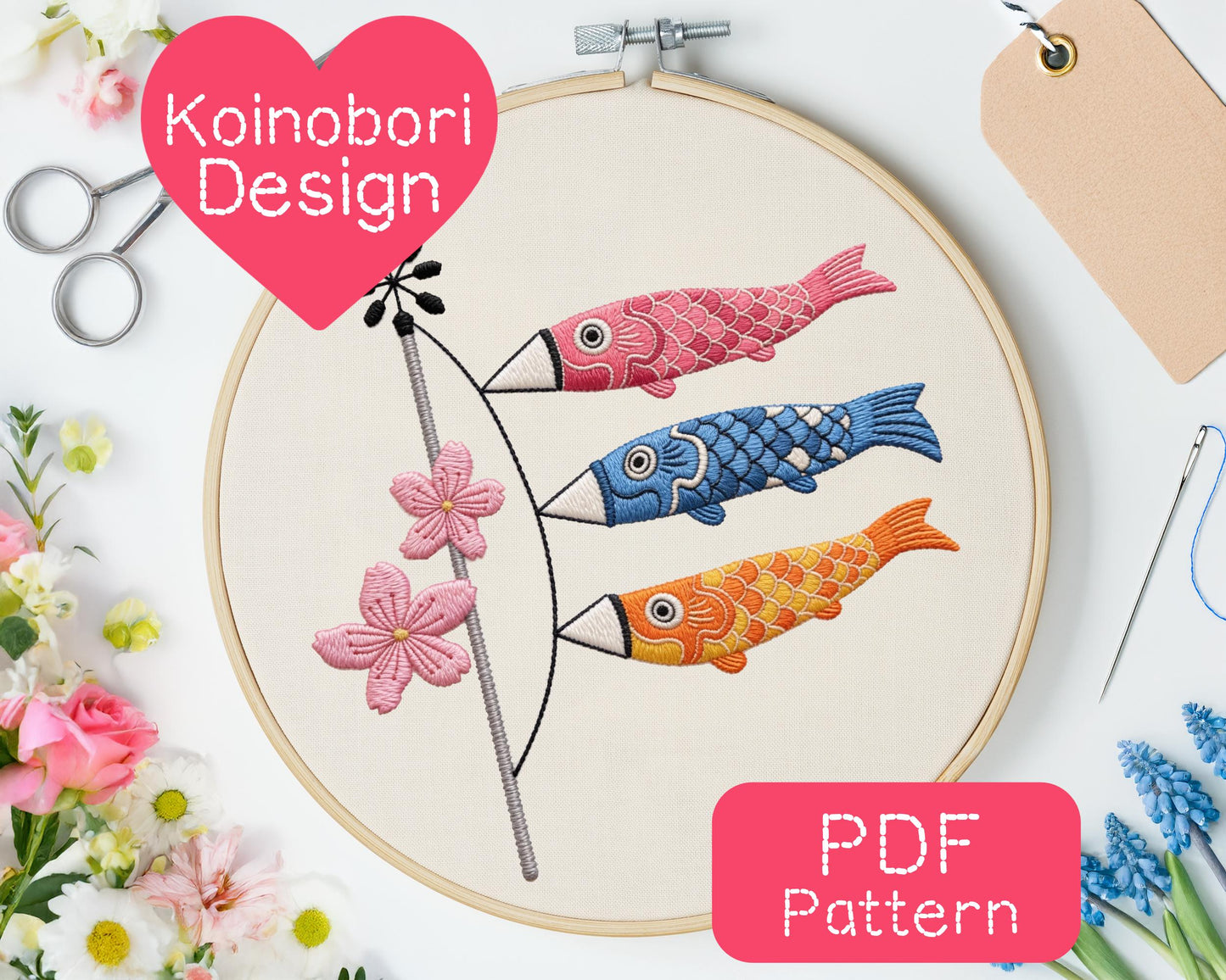 Japanese Koinobori Embroidery Pattern (3-8" Hoop Size)