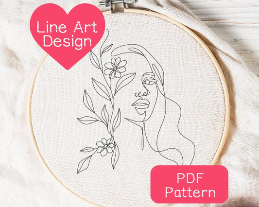 Floral Woman Line Art Embroidery Pattern