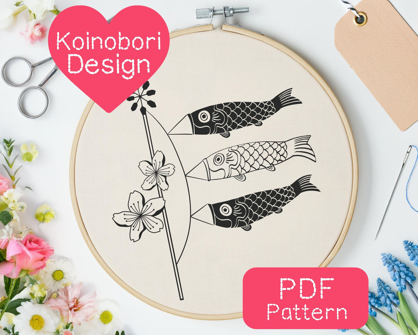 Japanese Koinobori Embroidery Pattern (3-8" Hoop Size)