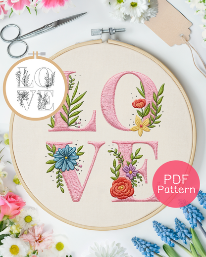 Blumen-Buchstaben-Stickmuster „Love“