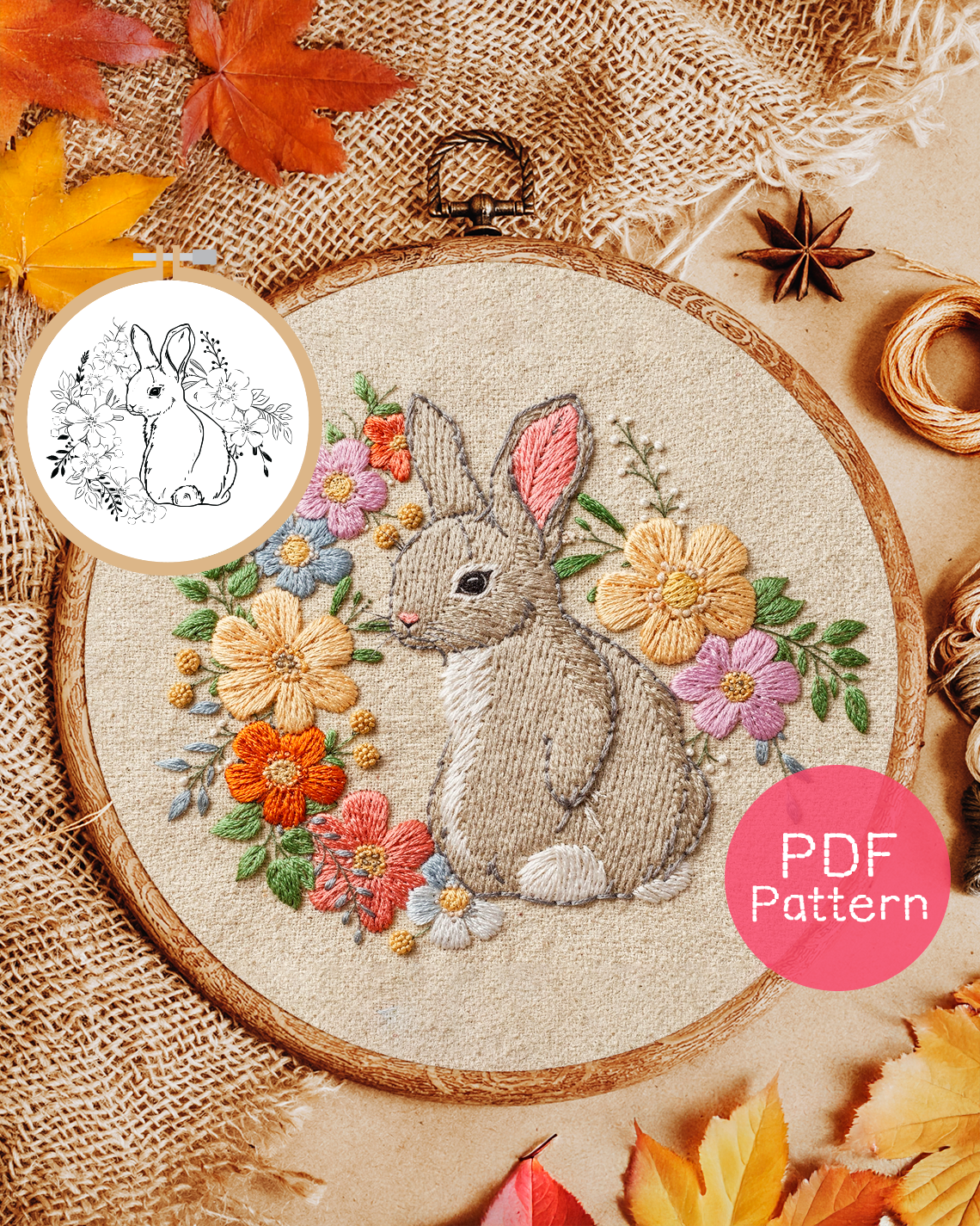 Flower Easter Rabbit Embroidery Pattern